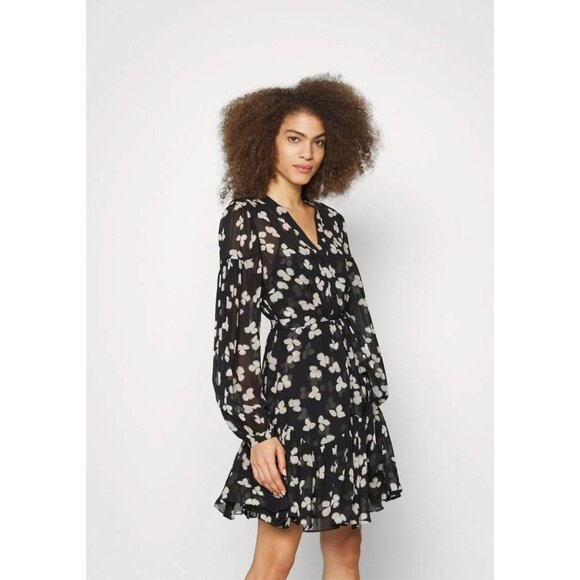 The Kooples Naive Flowers Chiffon Mini Dress Black Belted US Large - Picture 2 of 16